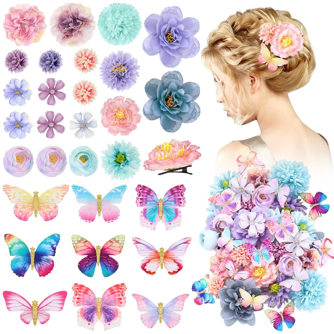 30 Pcs Flower and Butterfly Hair Clips for Women (Blue, Purple)